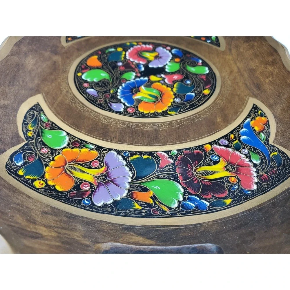 Vtg Mexico Batea Wood Hang Decor Serving Tray Handles Handpainted Bright Flowers